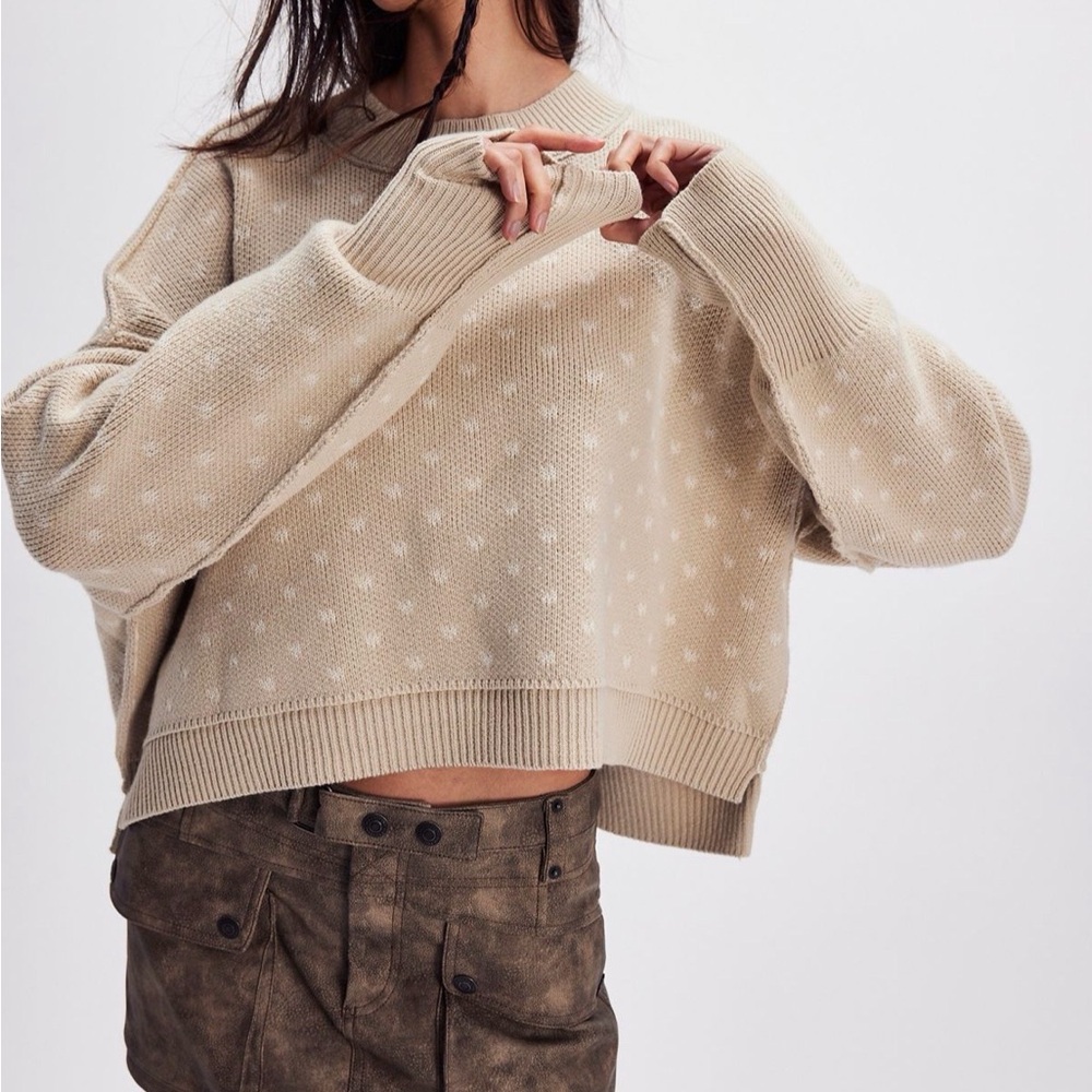 Free People Beige Cropped Dot-Texture Crewneck Sweater